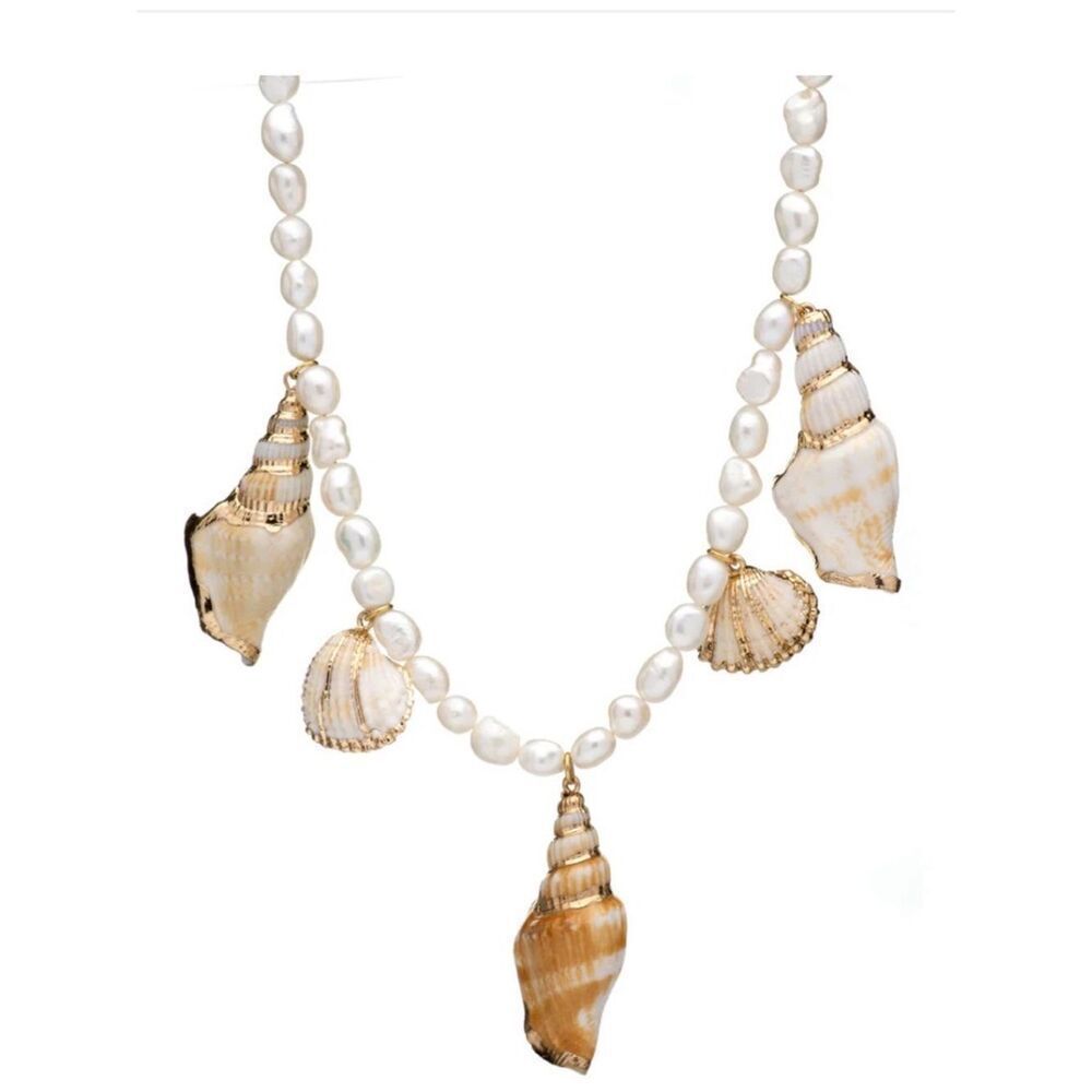 Pearl and Gold Shell Statement Necklace  with matching bracelet Beach Bride